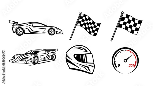 Racing Icons Set Sports Cars Chequered Flags Helmet and Speedometer