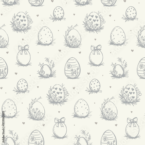 Elegant vintage-style seamless pattern featuring intricately decorated Easter eggs, floral arrangements, bows, and tiny hearts in soft gray on a cream background. Square social media Easter banner