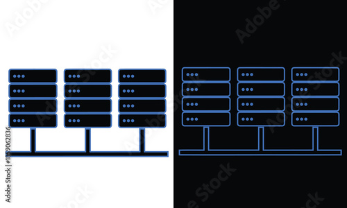 Digital illustration of server racks forming a network infrastructure in two color modes