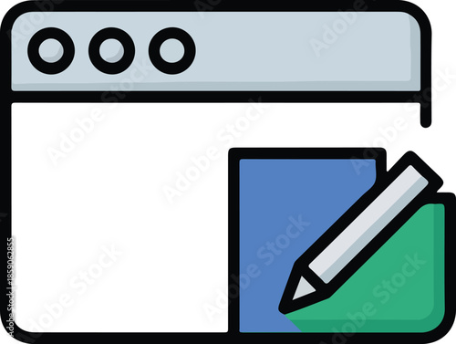 Vector Graphic Illustration of Webpage Editing with Pencil on Colorful Background Elements