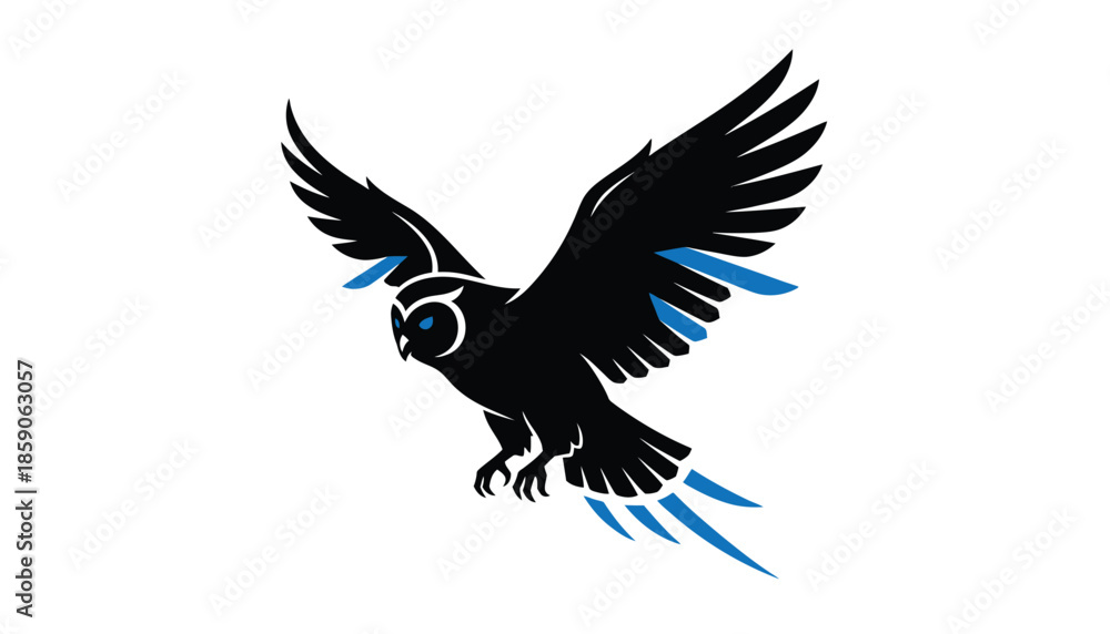 Fototapeta premium Black Eagle Flying with Blue Accents Isolated on White