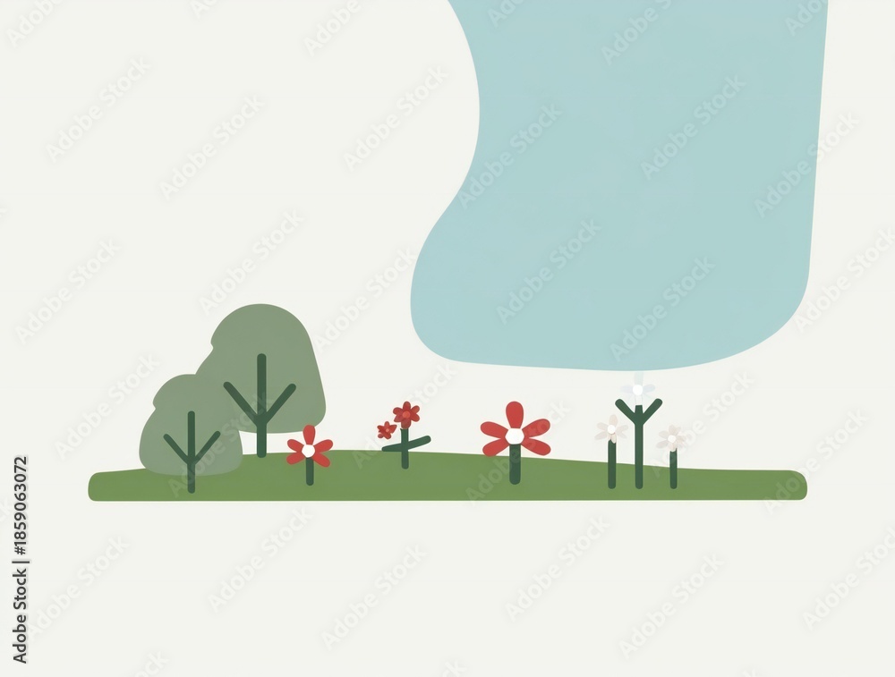 Fototapeta premium Minimalist illustration of a peaceful meadow with trees and flowers under a soft blue sky