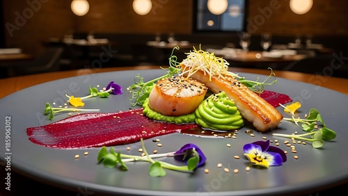 Gourmet seared scallop with avocado puree and beetroot sauce, elegantly plated with microgreens and edible flowers.
