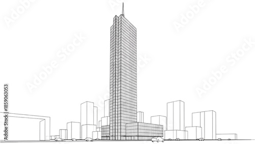 High-Quality Black Line Art of Modern Glass Skyscraper