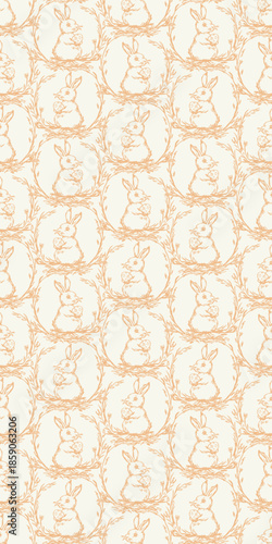 Charming vintage-style seamless pattern featuring hand-drawn bunnies holding decorated eggs, framed by delicate branches in warm beige on a cream background. Vertical social media Easter footage