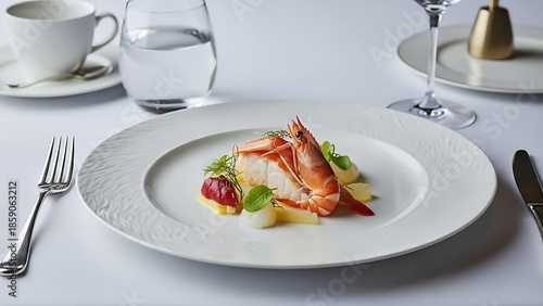 Elegant seafood dish with prawn and fish fillet served on a white plate with cutlery and glassware.