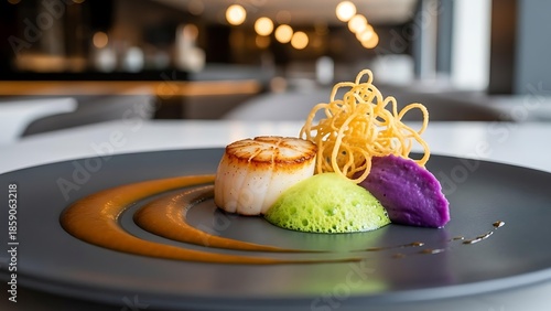 Gourmet seared scallop dish with purple potato puree and vibrant green foam, artfully plated with sauce.