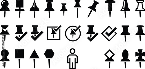 Push pin and map marker icons set, location navigation checklist symbols collection, minimal black silhouette vector design