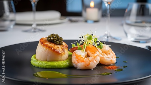 Gourmet seared scallop with caviar and shrimp served on a bed of green puree with microgreens and sauce.