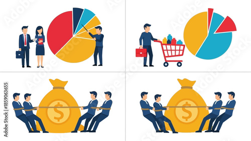 Business growth and competition illustrated with pie charts and tug-of-war concepts symbolizing profit and rivalry in a corporate setting