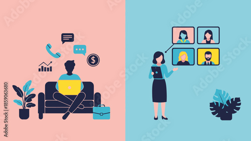 Remote work and online meetings illustration of a person working from home and a virtual team collaboration
