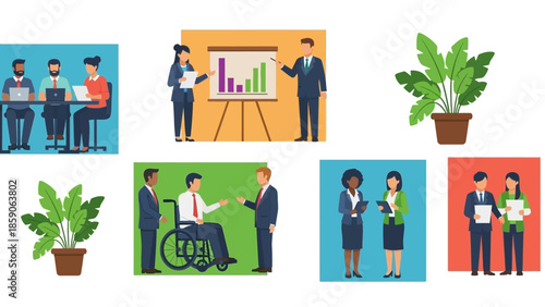Business meeting and collaboration illustrations featuring diverse professionals and plants