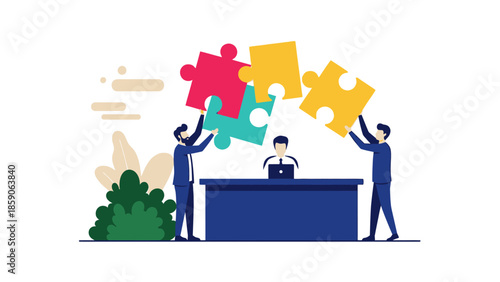 Teamwork and collaboration people putting together puzzle pieces representing business strategy and problem-solving at a desk