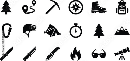 Outdoor adventure and camping icons set, hiking trekking survival gear symbols, nature exploration travel minimal black vector design