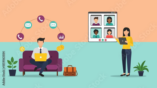 Remote teamwork and digital collaboration in a modern office setting with virtual meetings and online communication