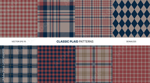 Seamless vector patterns collection with classic red blue plaid designs including tartan, gingham, argyle, houndstooth, checkered fabric backgrounds, clothing, textiles, fashion, wrapping, decoration