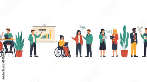 Diverse group of professionals collaborating and presenting in an office setting, showcasing inclusivity and teamwork