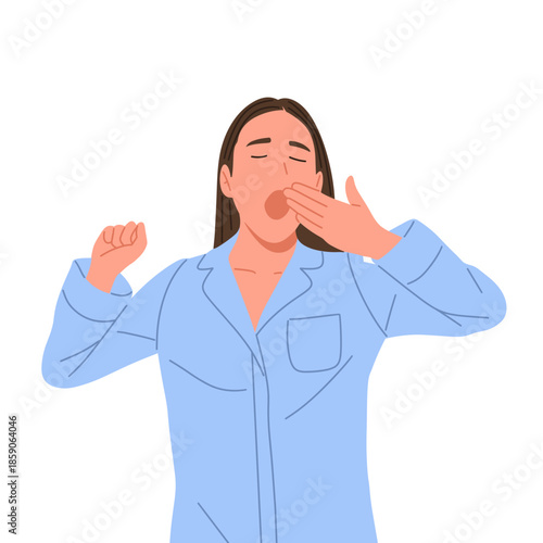 Flat vector illustration of a female character wearing sleepwear, holding pillow, yawning, waking up, sleeping, drinking, and relaxing. Concept of sleep routine, bedtime habits, healthy sleep, rest