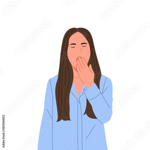 Flat vector illustration of a female character wearing sleepwear, holding pillow, yawning, waking up, sleeping, drinking, and relaxing. Concept of sleep routine, bedtime habits, healthy sleep, rest