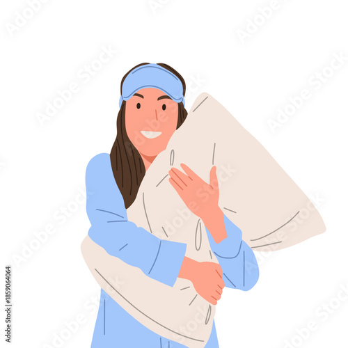 Flat vector illustration of a female character wearing sleepwear, holding pillow, yawning, waking up, sleeping, drinking, and relaxing. Concept of sleep routine, bedtime habits, healthy sleep, rest
