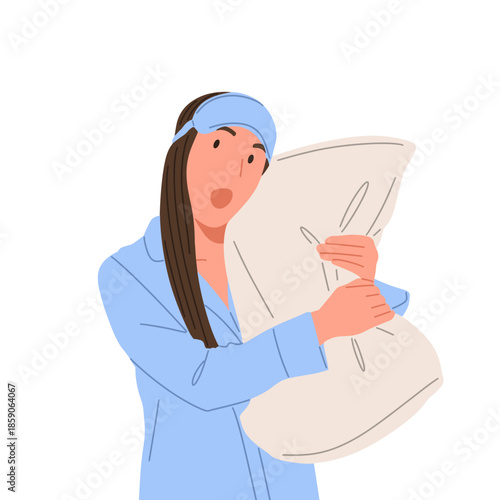 Flat vector illustration of a female character wearing sleepwear, holding pillow, yawning, waking up, sleeping, drinking, and relaxing. Concept of sleep routine, bedtime habits, healthy sleep, rest