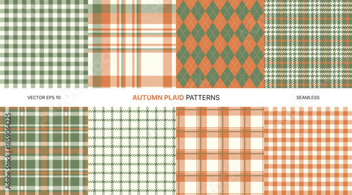 Autumn seamless vector patterns set with green orange plaid textures in classic tartan gingham houndstooth and argyle designs perfect for seasonal textiles fabric wrapping backgrounds decoration