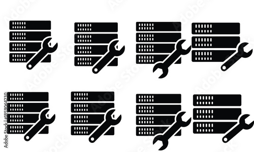 A collection of server maintenance and configuration vector icons for technology solutions