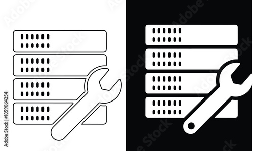A conceptual illustration of server maintenance and it support featuring a wrench and rack units