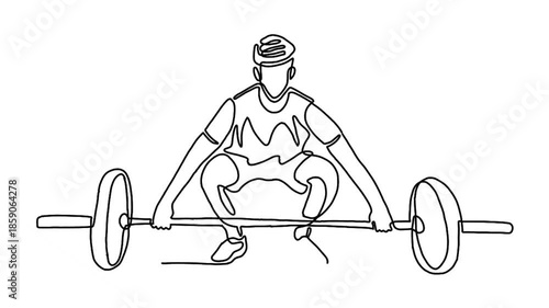 continuous line animation of strong weightlifter man preparing for barbell workout