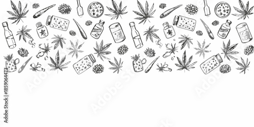 Hand drawn cannabis products and botanical elements arranged in a scattered pattern