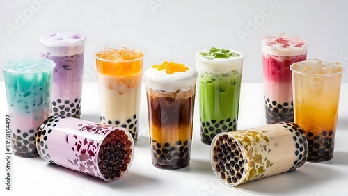 A vibrant collection of colorful bubble tea drinks with tapioca pearls, showcasing a variety of flavors and layered textures.