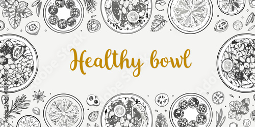 Decorative bowls of food and fresh ingredients on a light background