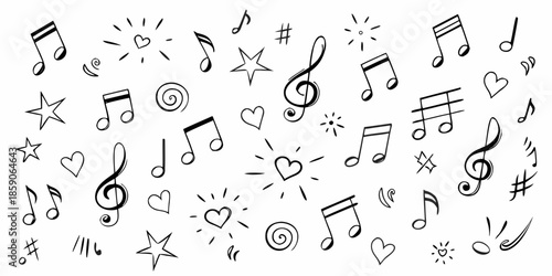 A whimsical collection of musical notes hearts and stars in black and white