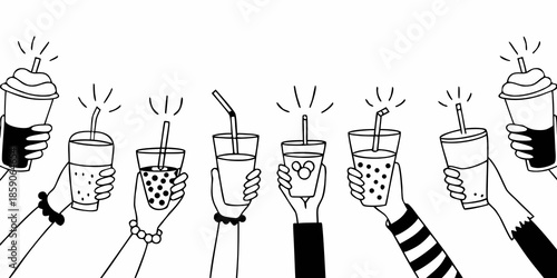 A cheerful illustration of hands raising various drinks in a celebratory toast