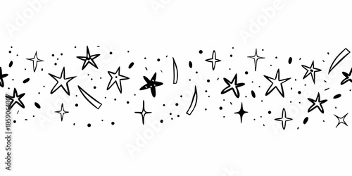 A scattering of hand drawn stars and sparkles on a white background