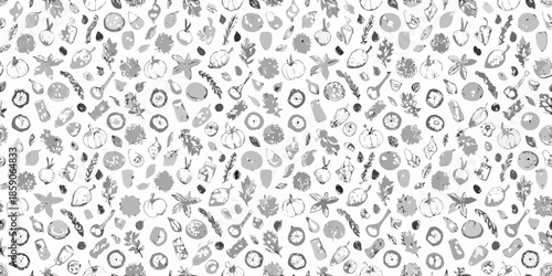 A seamless pattern showcasing various fruits vegetables and marine life sketches