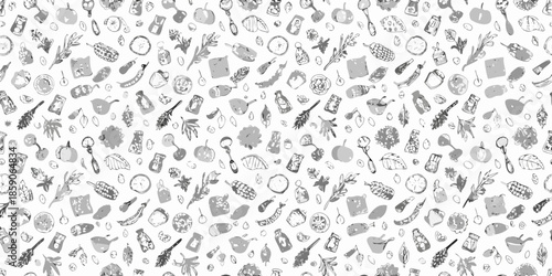 A detailed repeating pattern of various hand drawn food items and kitchen utensils