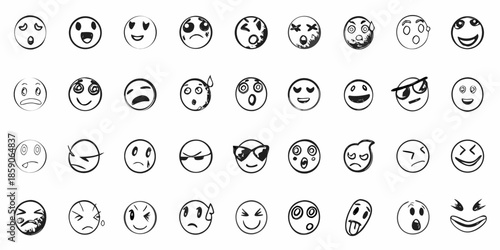 Collection of diverse black and white cartoon face icons depicting various emotions