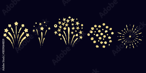 Golden firework bursts and sparkles against a dark navy blue background