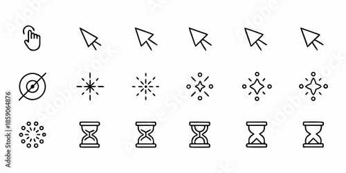 Collection of various digital interface icons including cursors loading and timers