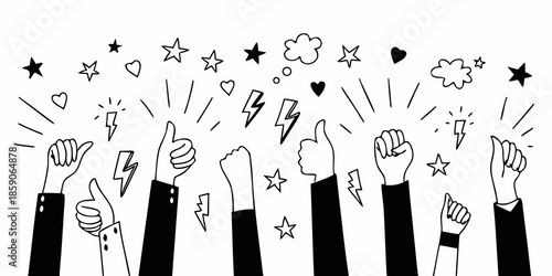 A collection of hands giving thumbs up surrounded by celebratory symbols