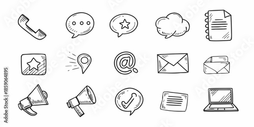 Hand drawn communication icons set including phone message and contact symbols
