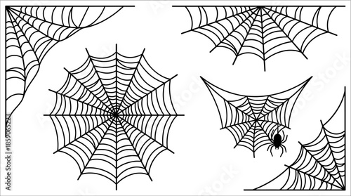A comprehensive vector collection of black spider web silhouettes and intricate corner cobwebs isolated on a white background for spooky Halloween decorations, gothic invitations, and horror-themed gr