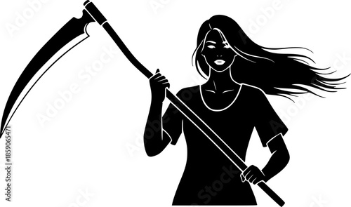 silhouette of a woman holding a scythe
