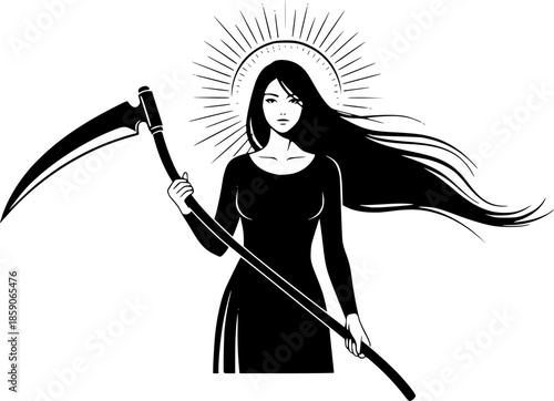 silhouette of a woman holding a scythe
