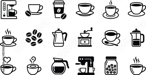 Coffee icons set, cafe beverage outline symbols with cups beans machines, espresso brewing and hot drink elements vector collection