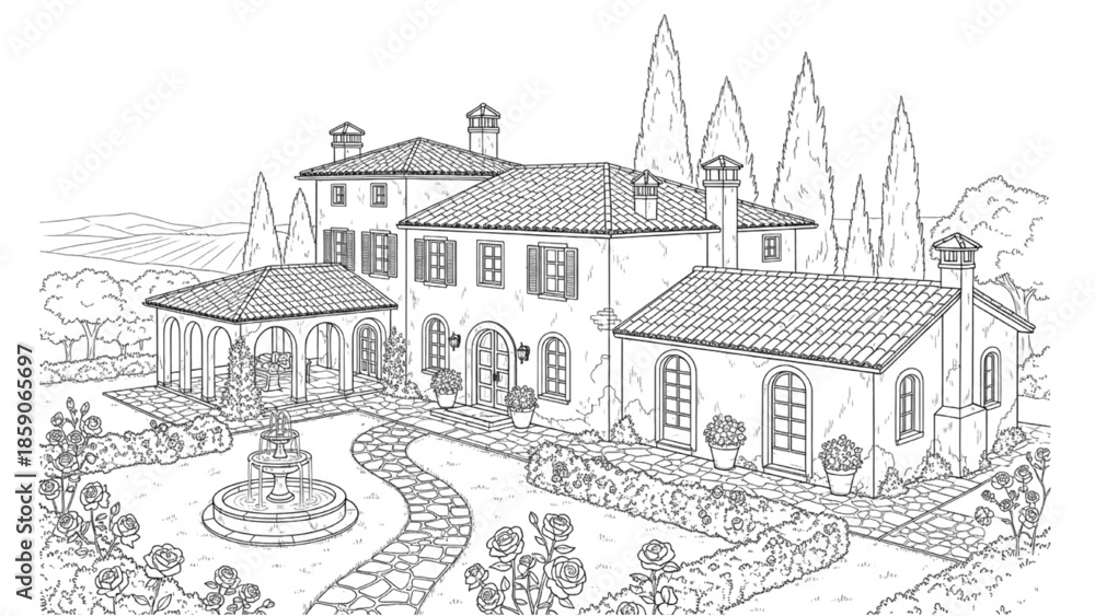 Fototapeta premium High-Quality Black Line Art of Countryside Villa with Garden
