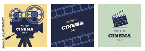World Cinema Day square banners set. December 28. Retro colors. Minimal holiday concept. Template for background, social media post, web banner, card, poster with text inscription. Camera film