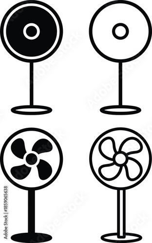 Standing electric fan icons, pedestal cooling appliance symbols set, household ventilation airflow designs, minimal black silhouette vector