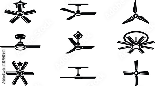 Ceiling fan icon set, decorative and modern fan designs, home ventilation cooling symbols collection, minimal black silhouette vector